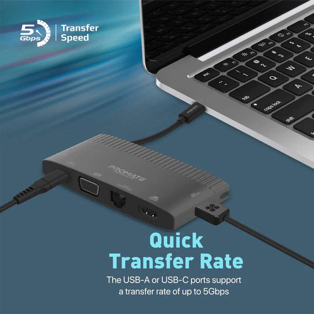 Picture of Promate 6-in-1 Type-C™ USB-C™ Hub Sync Charge Adapter with 4K HDMI 1080p VGA 1000Mbps LAN 100W USB-C™ Power Delivery 5Gbps USB 3.0 and USB-C™ Ports for MacBook Pro iPad Air Galaxy S23 MediaHub-C6