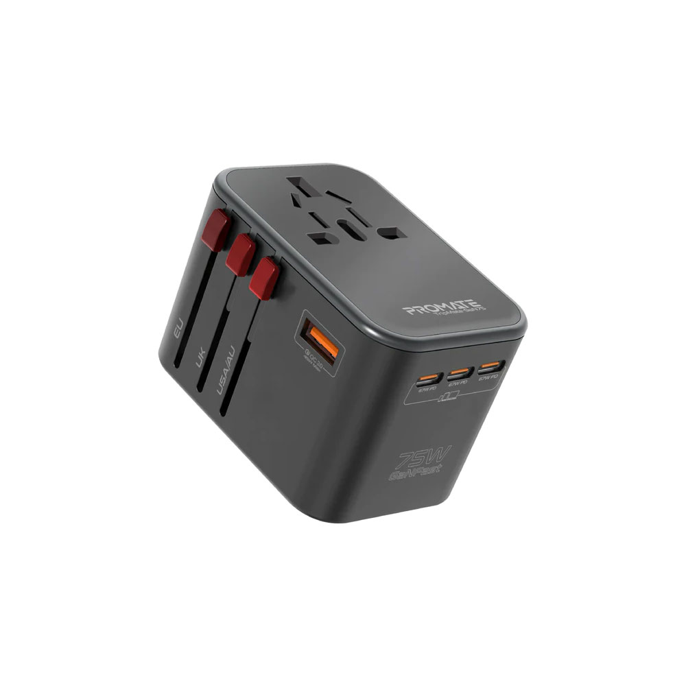 Picture of Promate 75W Power Delivery GaN Fast Universal Travel Adapter Charger with 3 USB C Port 2 USB QC 3.0 Smart Charging Surge Protected Charger (Black)