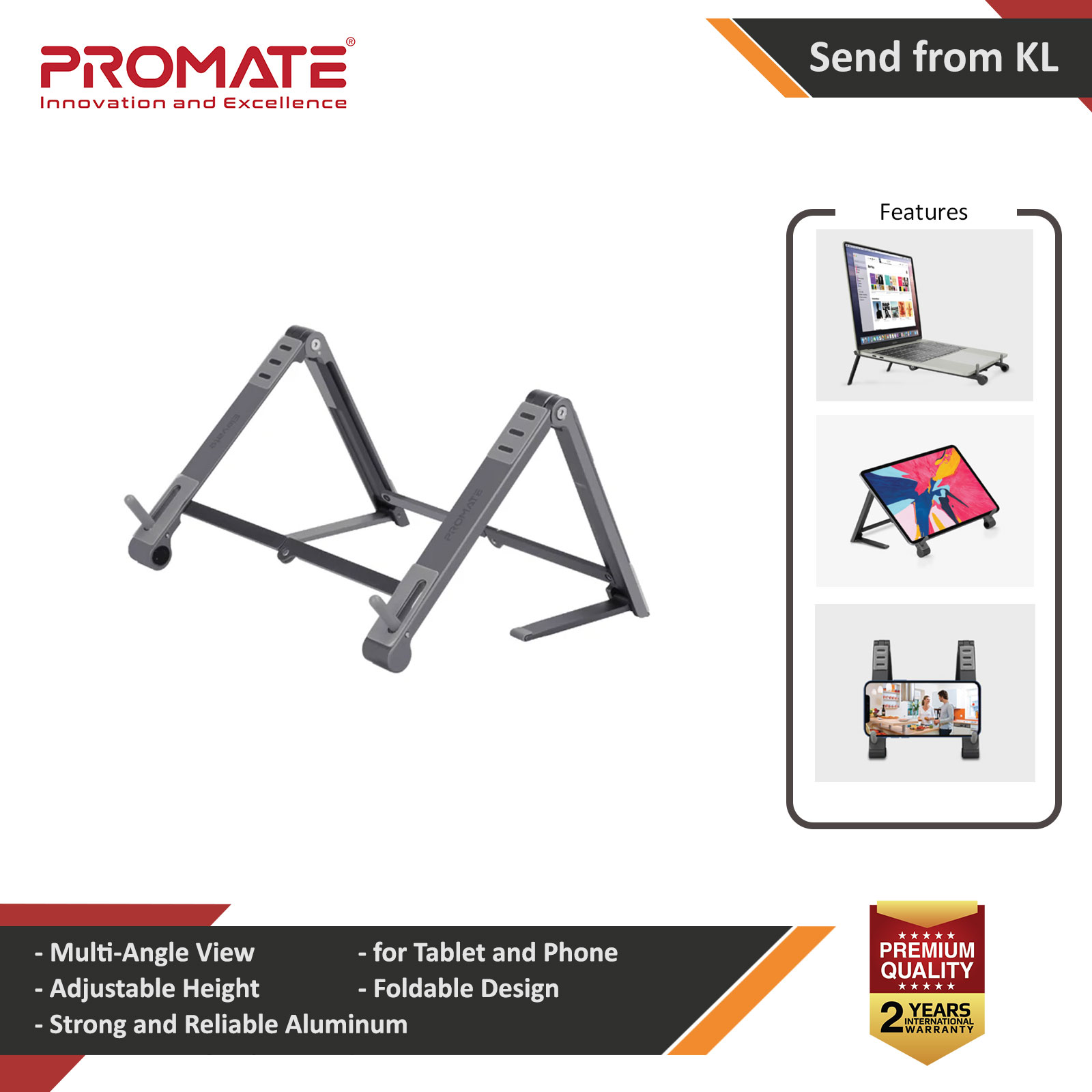 Picture of Promate Elevate Laptop Stand Foldable Aluminum MultiAngle Computer Desk Stand with Adjustable Height for Notebook Laptop - Elevate Red Design- Red Design Cases, Red Design Covers, iPad Cases and a wide selection of Red Design Accessories in Malaysia, Sabah, Sarawak and Singapore 