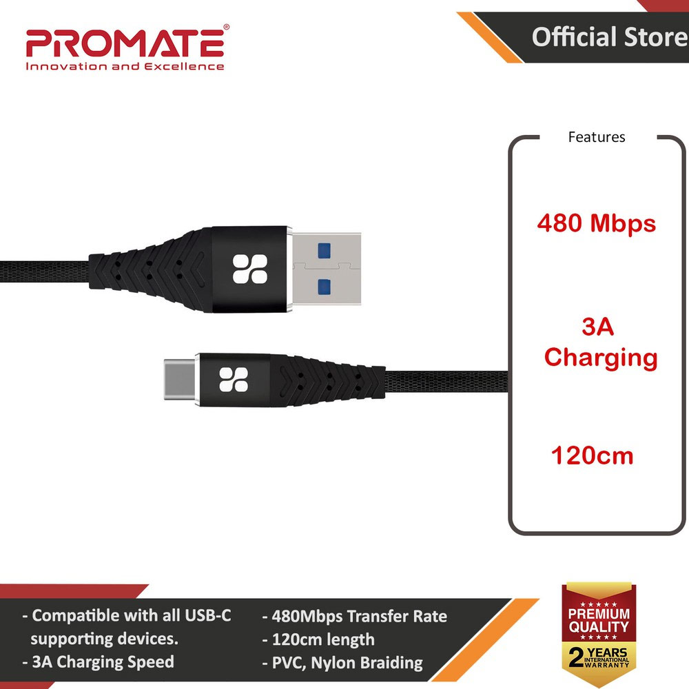 Picture of Promate USB-C™ Cable 3A Fast Charging Heavy Duty Fast Sync Charge 1.2 Meter USB-A to Type C Cable Nervelink-C (Black) Red Design- Red Design Cases, Red Design Covers, iPad Cases and a wide selection of Red Design Accessories in Malaysia, Sabah, Sarawak and Singapore 