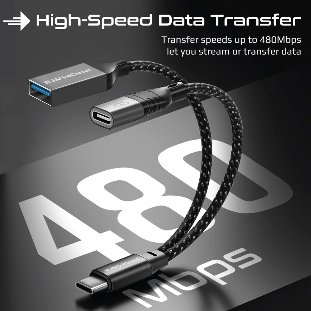 Picture of Promate OTG Media Adapter with Male Type C Cable to Female USB A USB C Ports 480Mbps Data Transfer 45W Charge OTGLink-C