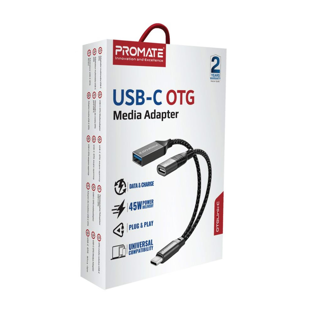 Picture of Promate OTG Media Adapter with Male Type C Cable to Female USB A USB C Ports 480Mbps Data Transfer 45W Charge OTGLink-C