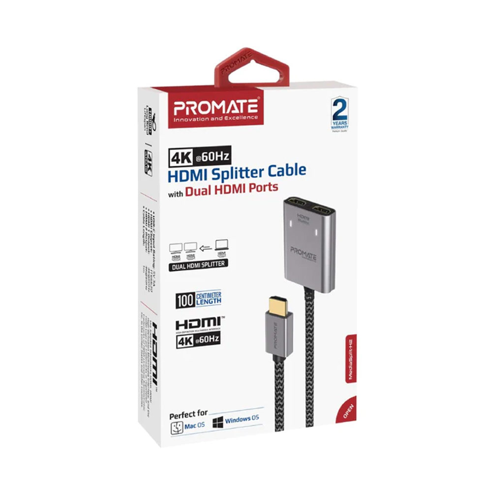 Picture of Promate 2 in 1  HDMI Splitter Ultra HD Clarity Resolutions up to 4K@60Hz For One Devices PC Laptop Presentation to 2 Output Display MediaSplit-H2