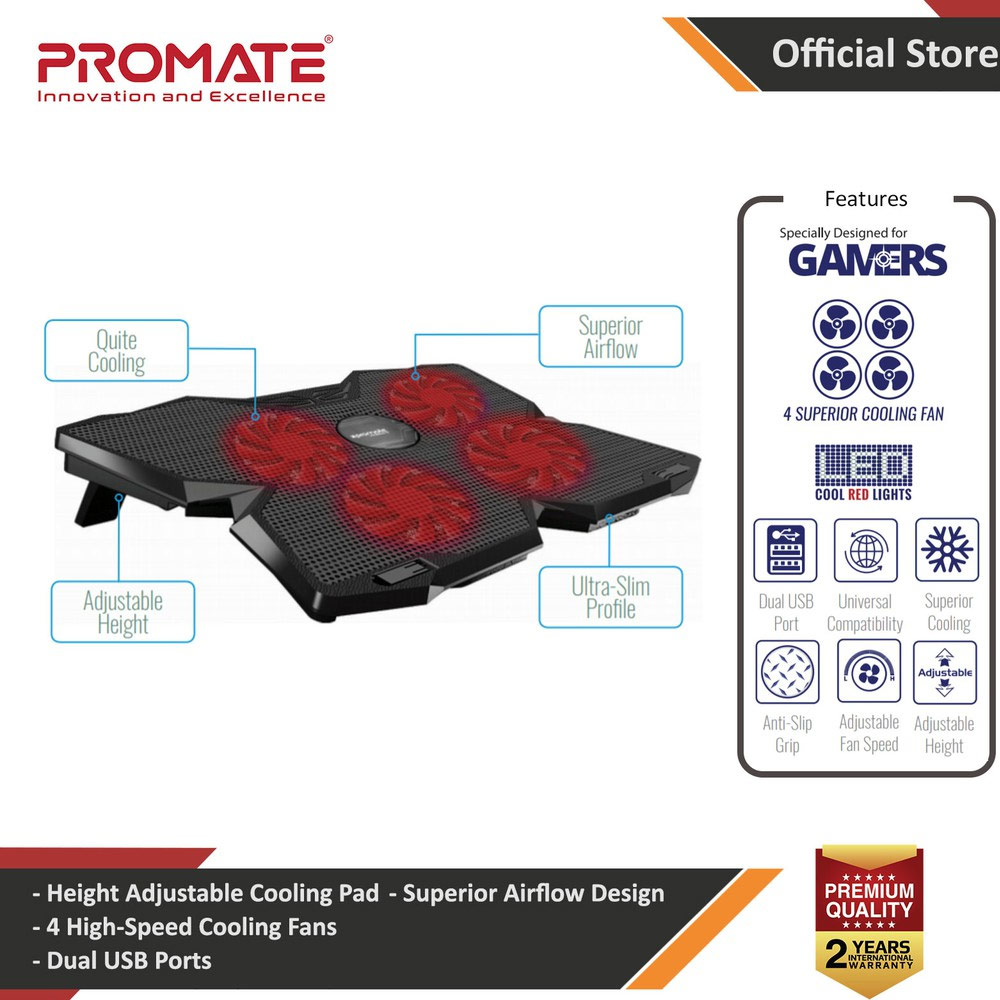 Picture of Promate Gaming Laptop Cooling Pad, Ergonomic High-Speed Laptop Cooling Pad with 4 Silent Cooling Fan, Dual USB Port, Adjustable Height LED Speed Display, Cable Organizer and Ani-Slip Grip for Laptops up to 17 Inch AirBase-3 Red Design- Red Design Cases, Red Design Covers, iPad Cases and a wide selection of Red Design Accessories in Malaysia, Sabah, Sarawak and Singapore 