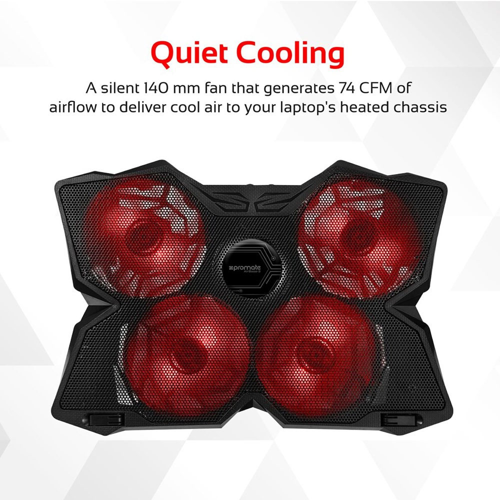 Picture of Promate Gaming Laptop Cooling Pad, Ergonomic High-Speed Laptop Cooling Pad with 4 Silent Cooling Fan, Dual USB Port, Adjustable Height LED Speed Display, Cable Organizer and Ani-Slip Grip for Laptops up to 17 Inch AirBase-3