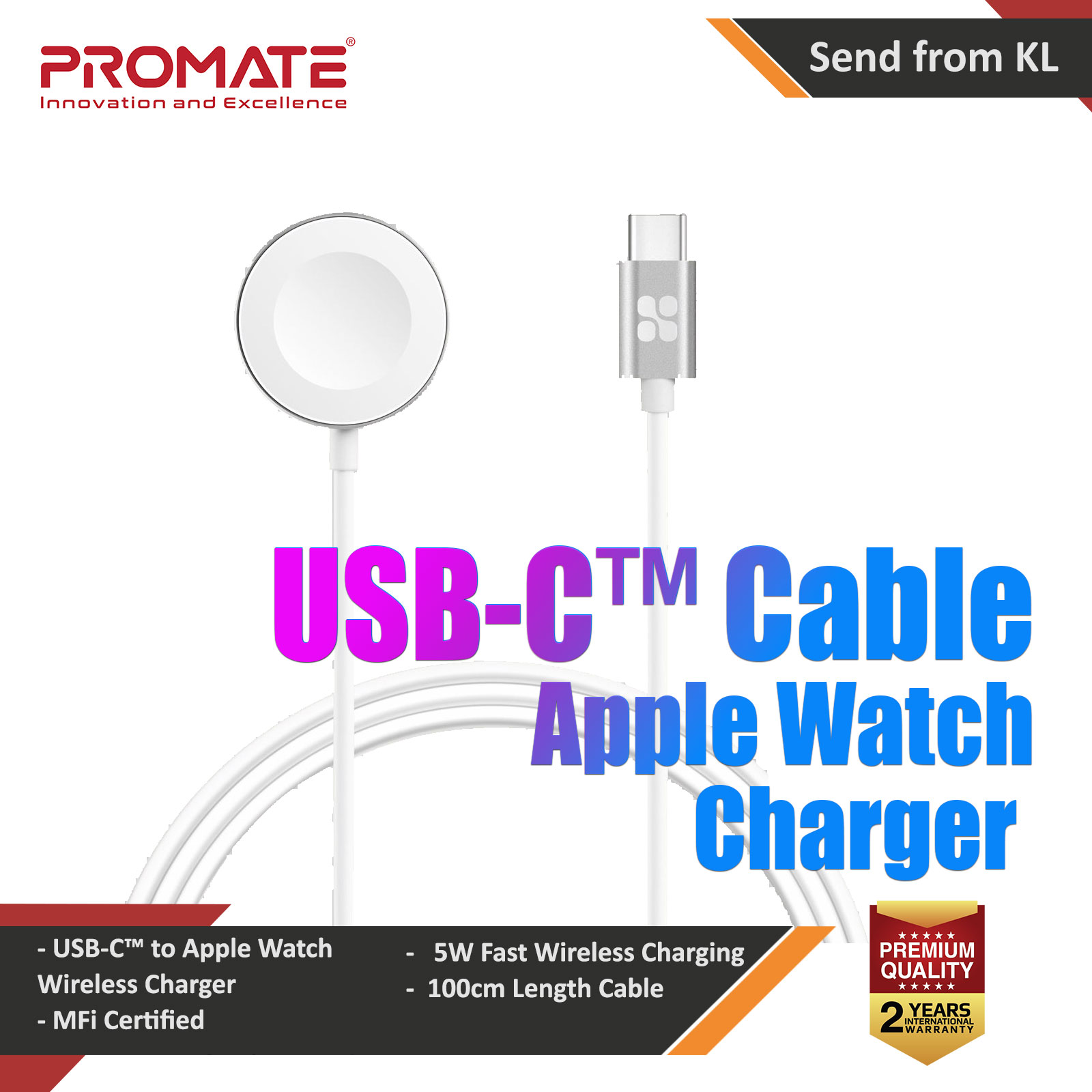 Picture of Promate Apple Watch Charger to USB-C Cable Fast Charging 5W Apple MFi Certified Magnetic Wireless Charging Cord with Anti-Tangle 100cm Cord and Over-Heating Protection for Apple Watch Series 7 8 6 5 4 3 2 1  AuraCord-C Apple Watch 38mm- Apple Watch 38mm Cases, Apple Watch 38mm Covers, iPad Cases and a wide selection of Apple Watch 38mm Accessories in Malaysia, Sabah, Sarawak and Singapore 