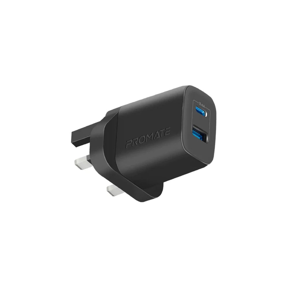 Picture of Promate 17W High Speed Dual Port Charger USB-C USB-A Port Compact Design Charger (Black)