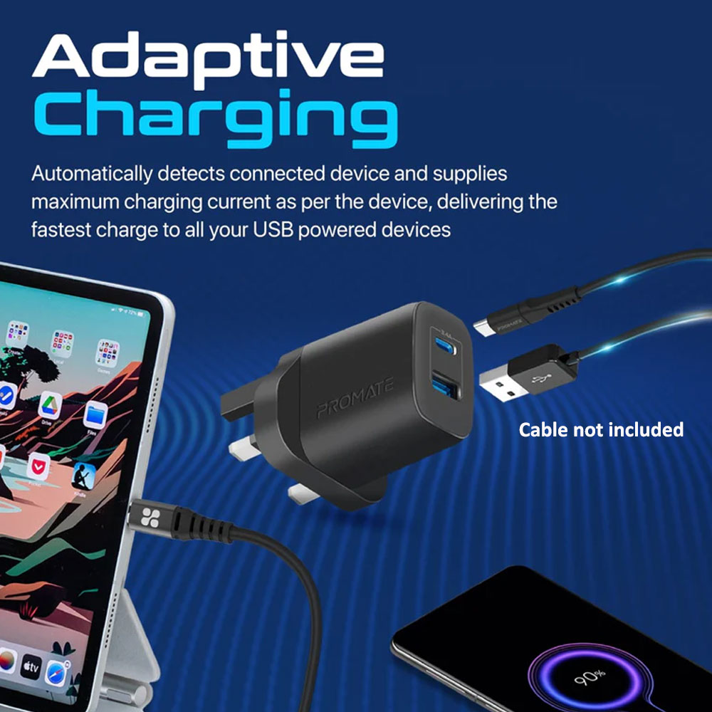 Picture of Promate 17W High Speed Dual Port Charger USB-C USB-A Port Compact Design Charger (Black)