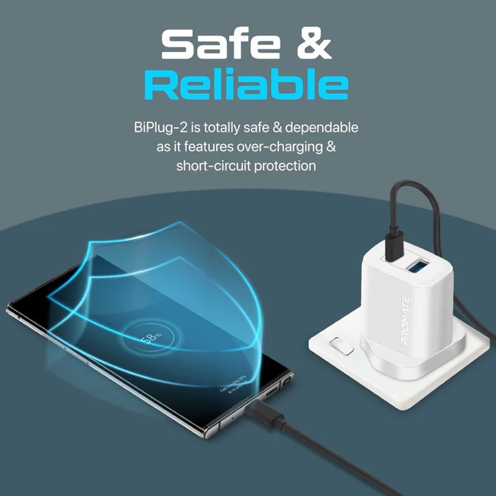 Picture of Promate 17W High Speed Dual Port Charger USB-C USB-A Port Compact Design Charger (White)