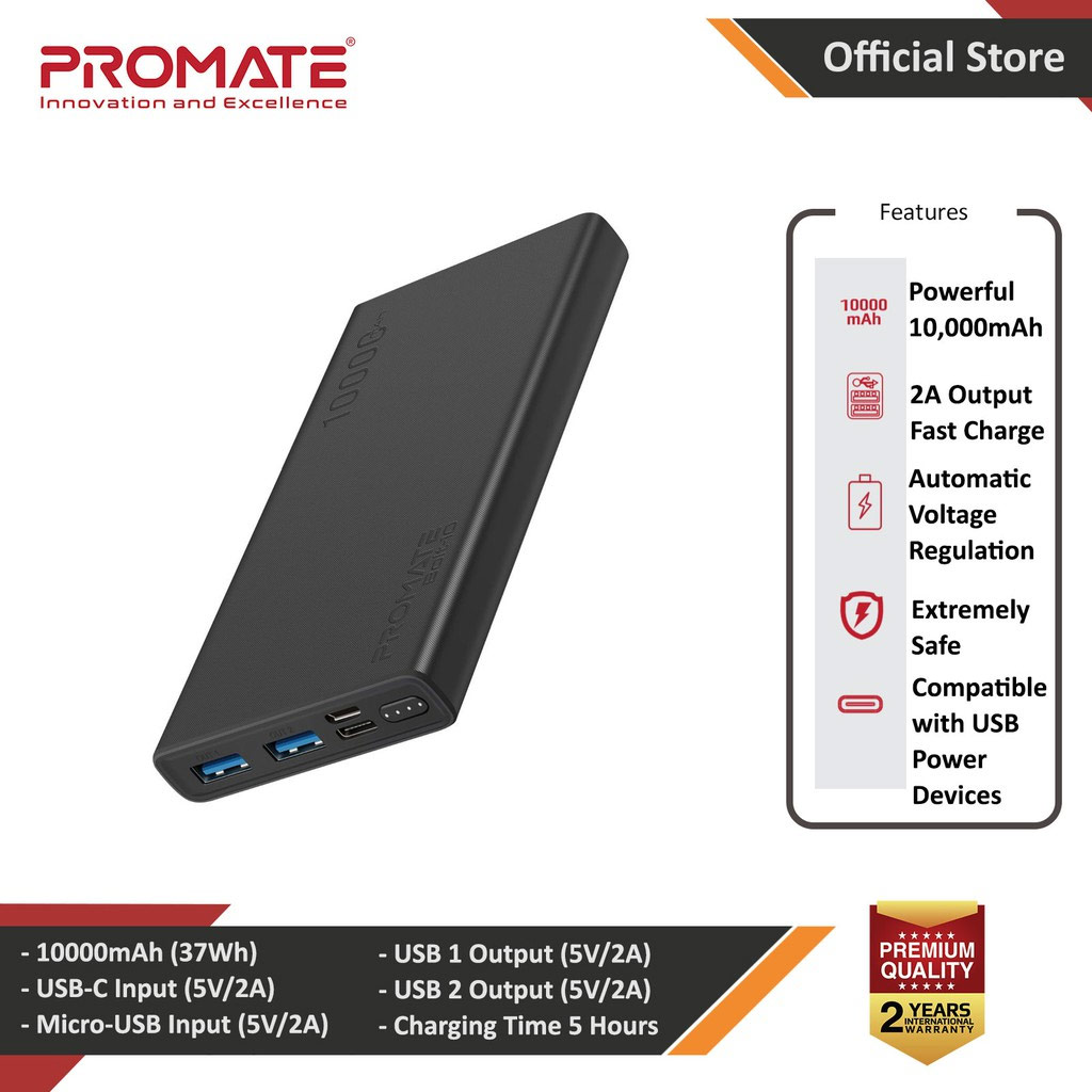 Picture of Promate PowerBank Pocket Slim Friendly Palm Size Small Size Portable Power Bank USB Port Dual USB 10000mA Bolt-10 (Black) Red Design- Red Design Cases, Red Design Covers, iPad Cases and a wide selection of Red Design Accessories in Malaysia, Sabah, Sarawak and Singapore 