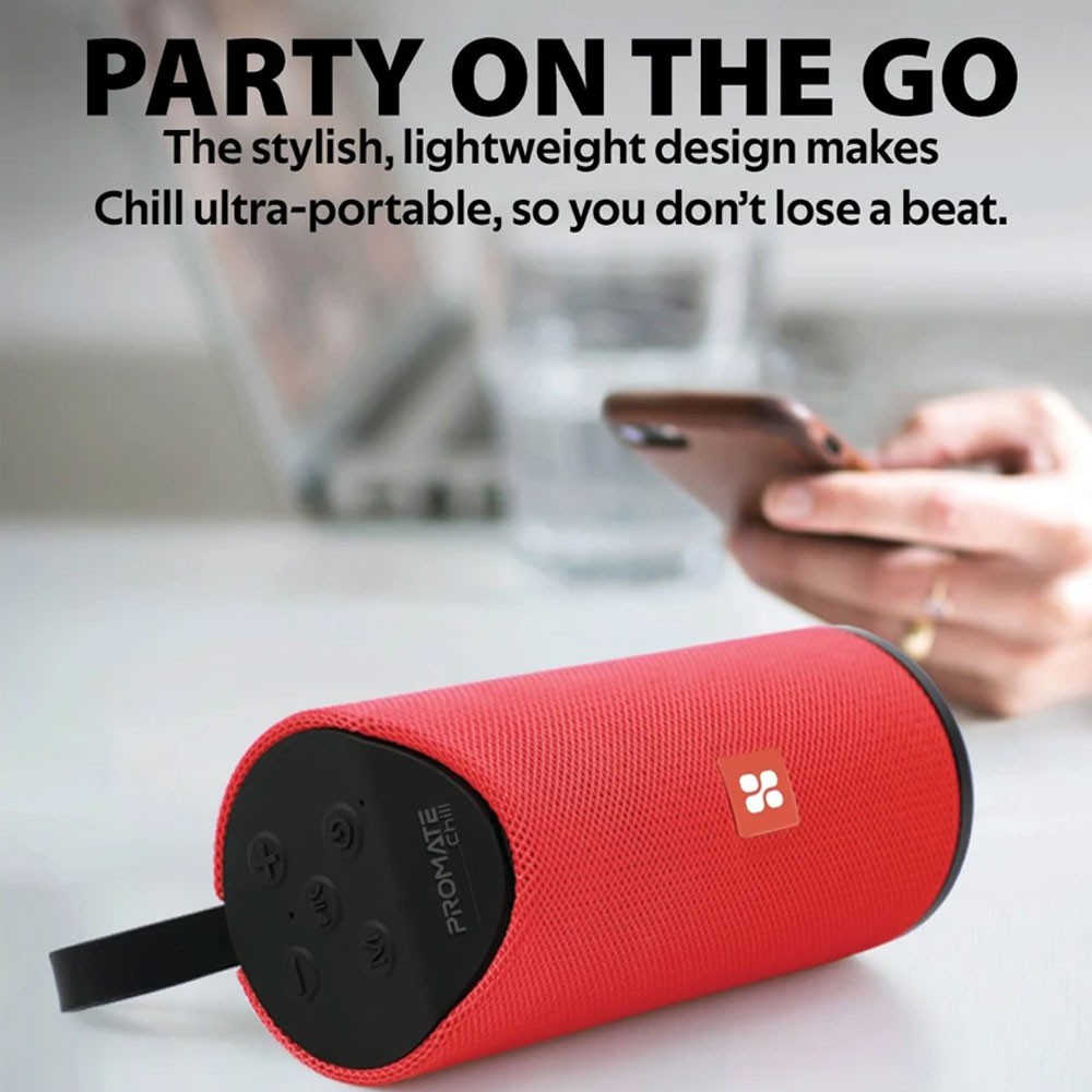 Picture of Promate Chill Wireless Portable Bluetooth v5.0 Stereo Speaker with Bass Sound Built-In Mic Micro SD Card Slot (Red)