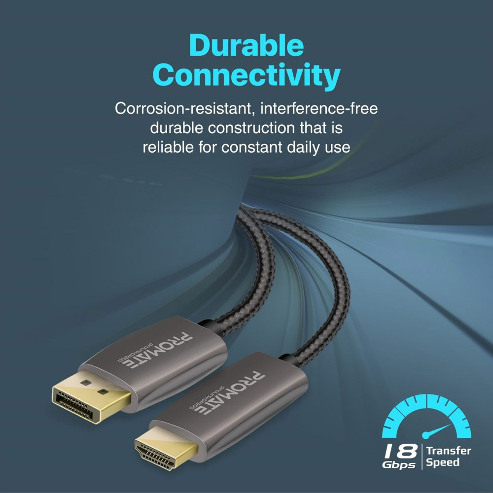 Picture of Promate 4K@60Hz DisplayPort to HDMI Cable 18Gbps Transfer Speed Gold Platted Connectors Nylon Braided Cord for Laptops PCs Computers ProLink-DP200