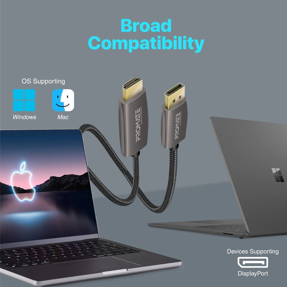 Picture of Promate 4K@60Hz DisplayPort to HDMI Cable 18Gbps Transfer Speed Gold Platted Connectors Nylon Braided Cord for Laptops PCs Computers ProLink-DP200