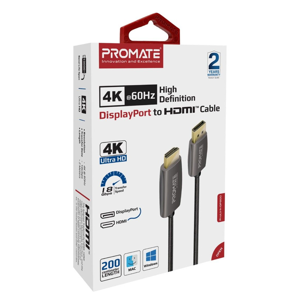 Picture of Promate 4K@60Hz DisplayPort to HDMI Cable 18Gbps Transfer Speed Gold Platted Connectors Nylon Braided Cord for Laptops PCs Computers ProLink-DP200