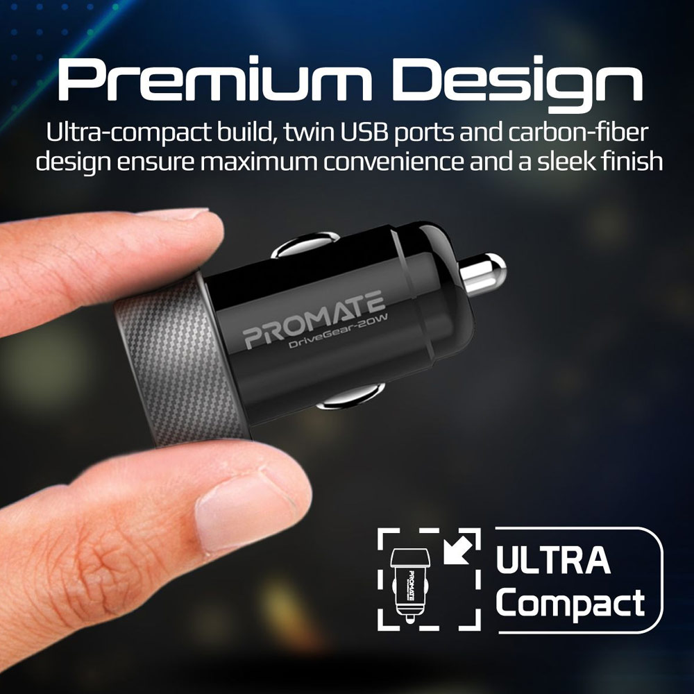 Picture of Promate 20W USB-C™ Car Charger Super-Fast Type-C™ Power Delivery Car Charger with 18W Quick Charge 3.0 USB A Over Charging Protection for iPhone 13 Pro Max Galaxy S22 Ultra Drivegear 20W