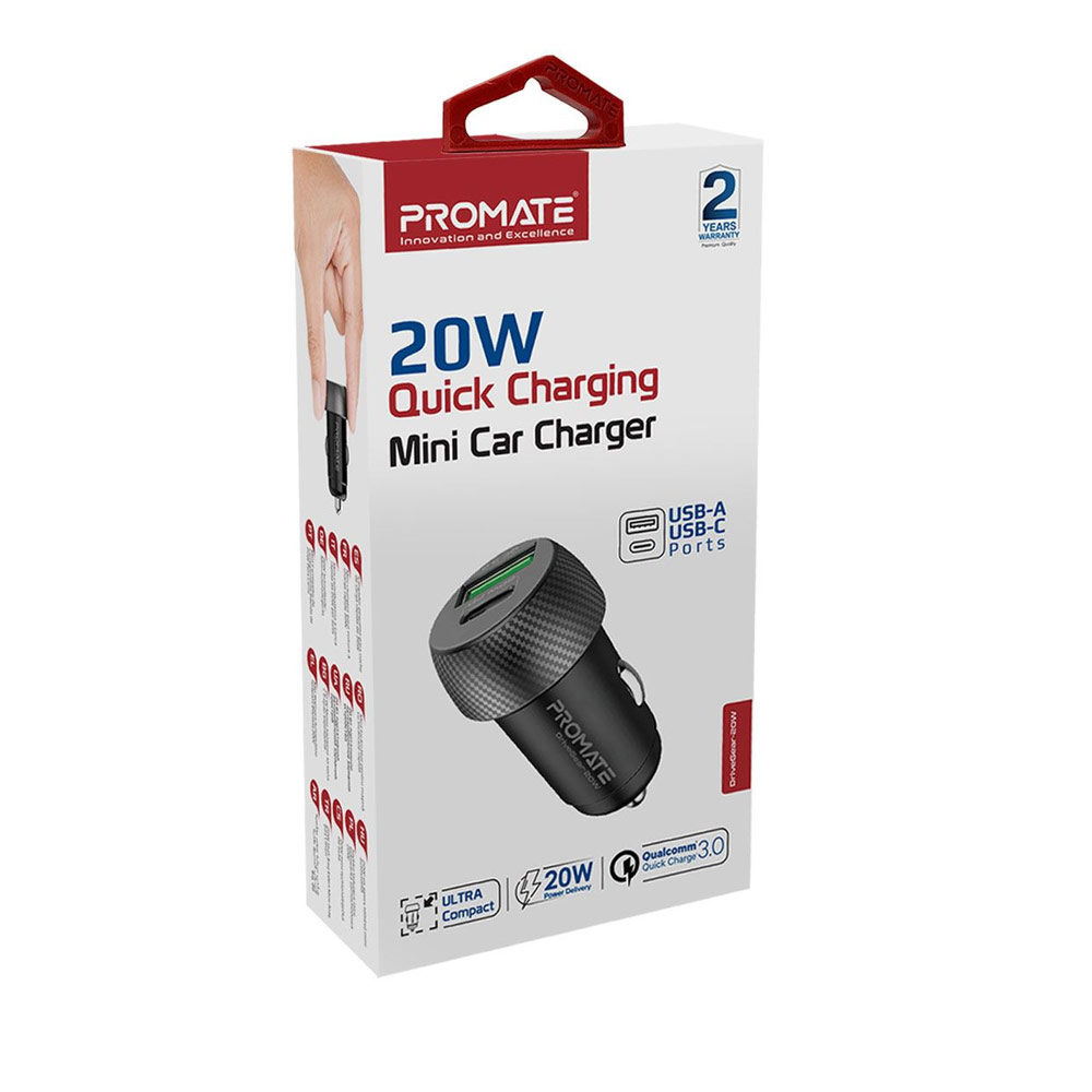 Picture of Promate 20W USB-C™ Car Charger Super-Fast Type-C™ Power Delivery Car Charger with 18W Quick Charge 3.0 USB A Over Charging Protection for iPhone 13 Pro Max Galaxy S22 Ultra Drivegear 20W