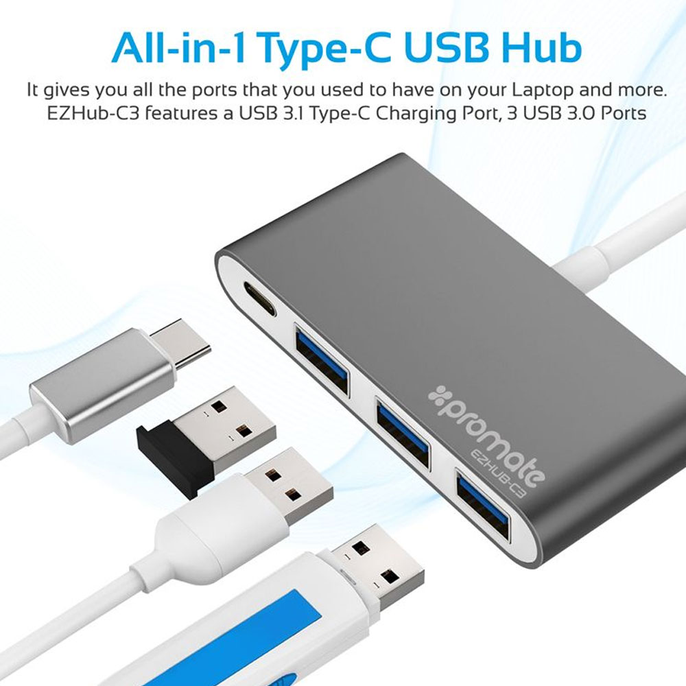 Picture of Promate USB Type-C™ Adapter Premium USB-C™ Hub to 3 USB 3.0 Ports with Sync and Charge 5Gbps Data Transfer Speed and USB-C™ Recharging Port for Camera Smartphones Tablets and All Type-C™ Laptops EZHub-C3