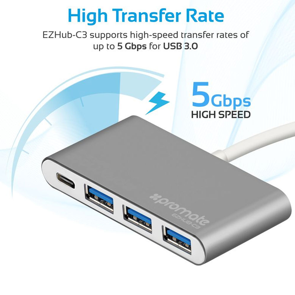 Picture of Promate USB Type-C™ Adapter Premium USB-C™ Hub to 3 USB 3.0 Ports with Sync and Charge 5Gbps Data Transfer Speed and USB-C™ Recharging Port for Camera Smartphones Tablets and All Type-C™ Laptops EZHub-C3