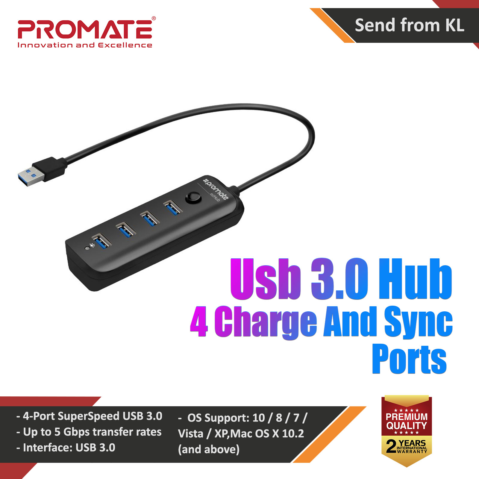 Picture of Promate Ultra-fast Usb 3.0 Hub With 4 Charge And Sync Ports Ezhub (Black) Red Design- Red Design Cases, Red Design Covers, iPad Cases and a wide selection of Red Design Accessories in Malaysia, Sabah, Sarawak and Singapore 