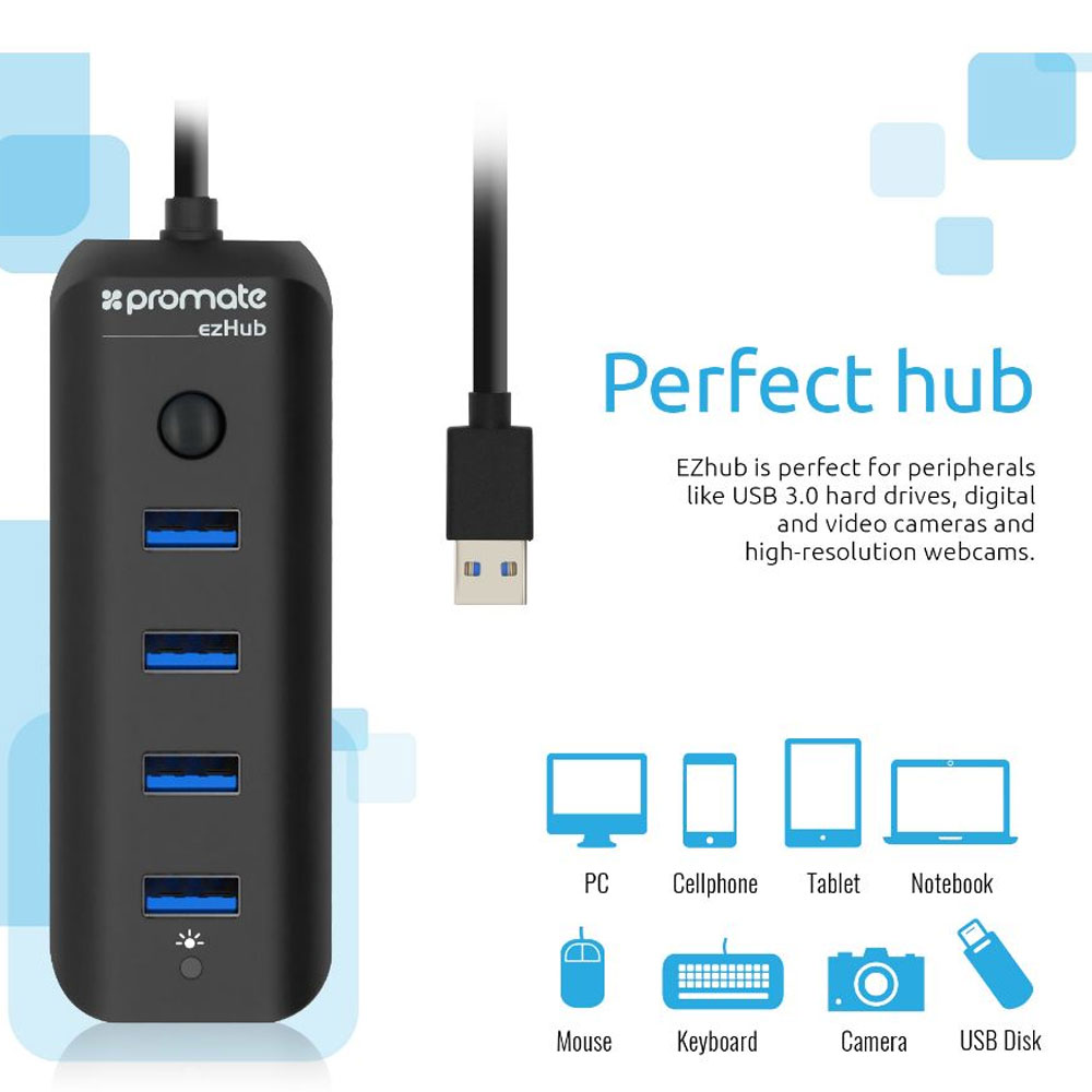 Picture of Promate Ultra-fast Usb 3.0 Hub With 4 Charge And Sync Ports Ezhub (Black)