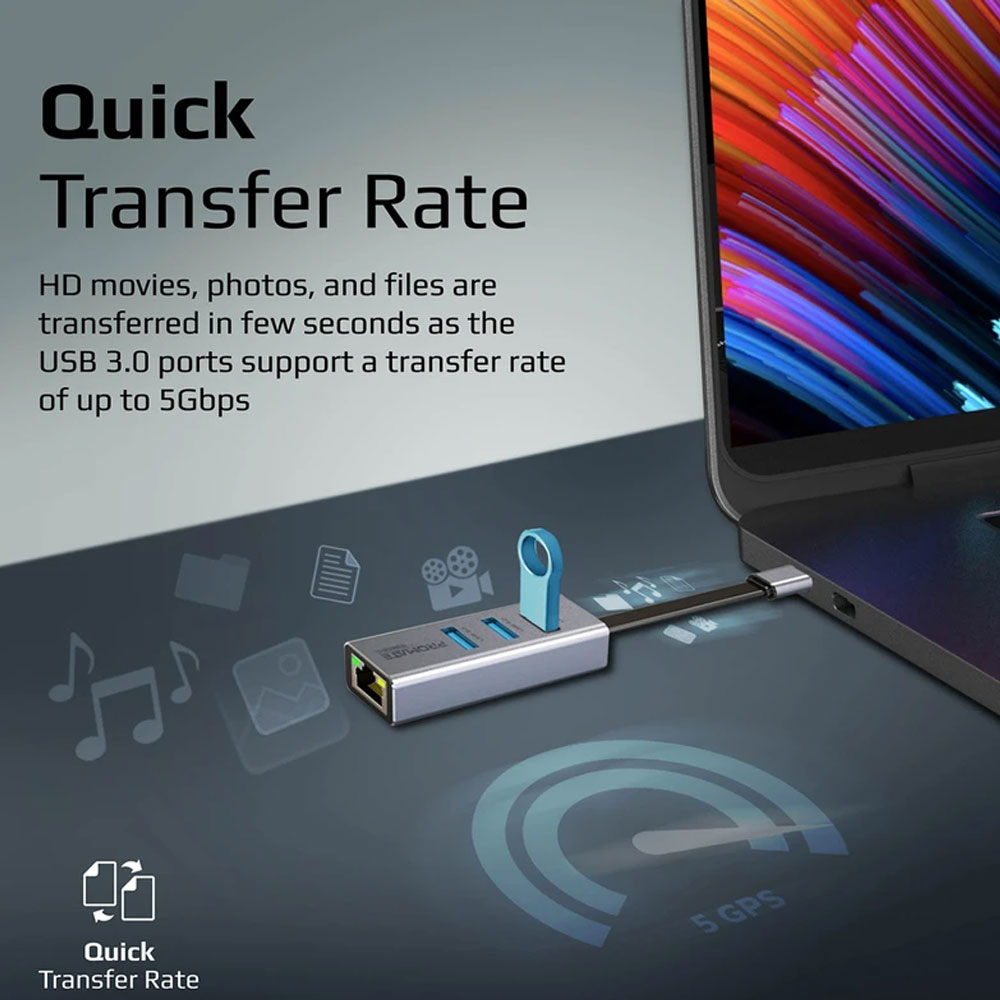 Picture of Promate Multiport USB-C Hub with 1000Mbps RJ45 Ethernet Adapter 3 USB3.0 Ports 5Gbps Speed GigaHub-C for MacBook Pro Air