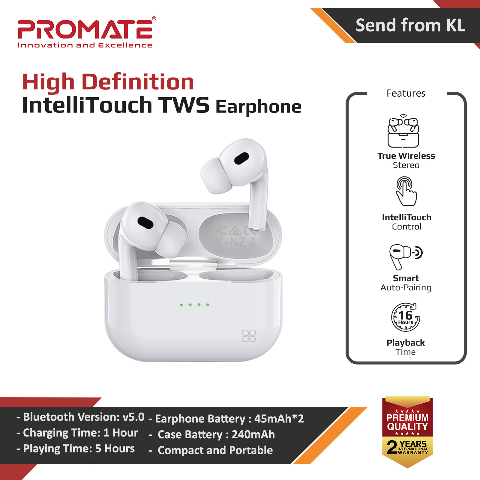Picture of Promate True Wireless Earbuds Advanced Bluetooth 5.0 Ergonomic Headphones with Mic 16-Hour Playtime 240mah Charging Case Auto-Pairing and Smart-Touch-Control For iPhone 13 Samsung S21 Ultra Harmoni (White) Red Design- Red Design Cases, Red Design Covers, iPad Cases and a wide selection of Red Design Accessories in Malaysia, Sabah, Sarawak and Singapore 