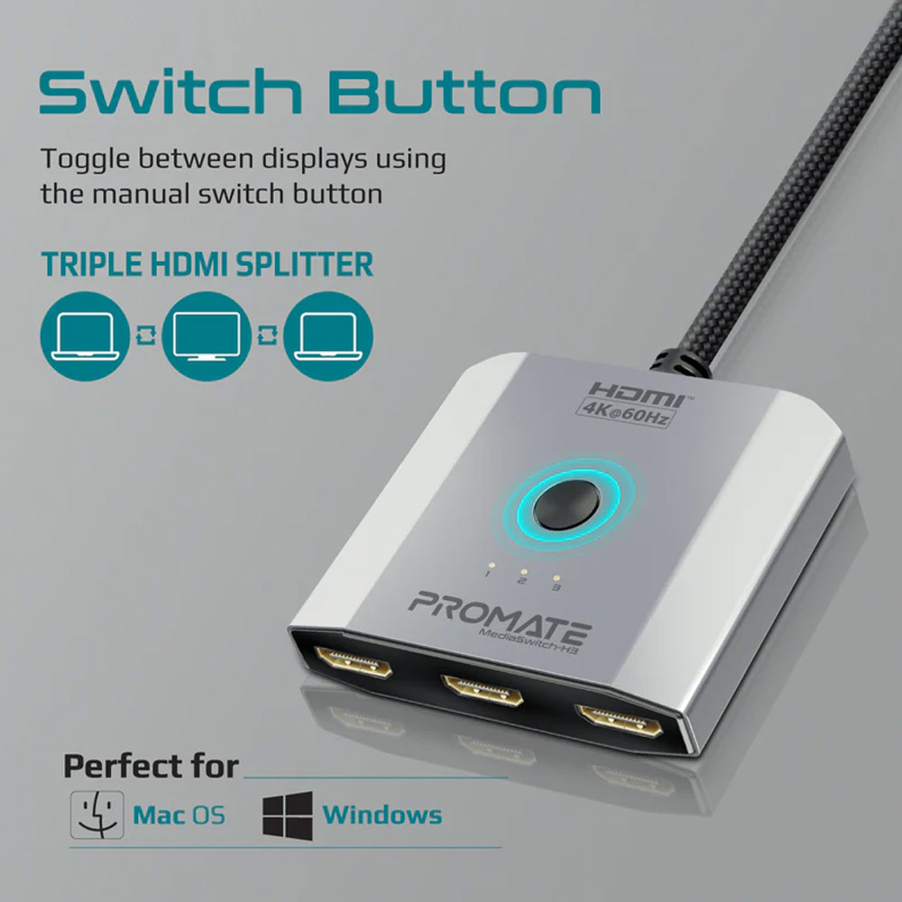 Picture of Promate 3 HDMI Splitter Switch Ultra HD Clarity Resolutions up to 4K@60Hz For Multiple Devices PC Laptop Presentation to 1 Output Display  MediaSwitch-H3