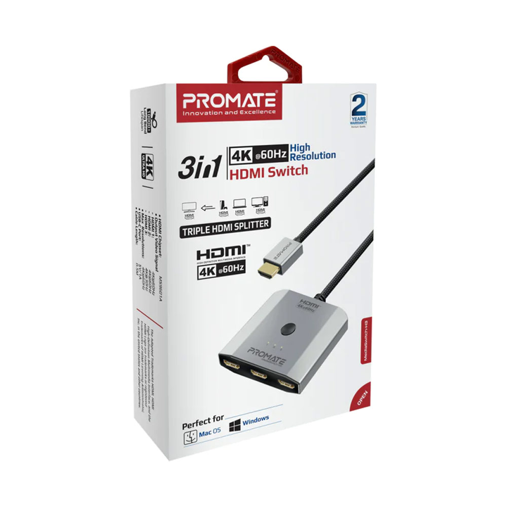 Picture of Promate 3 HDMI Splitter Switch Ultra HD Clarity Resolutions up to 4K@60Hz For Multiple Devices PC Laptop Presentation to 1 Output Display  MediaSwitch-H3