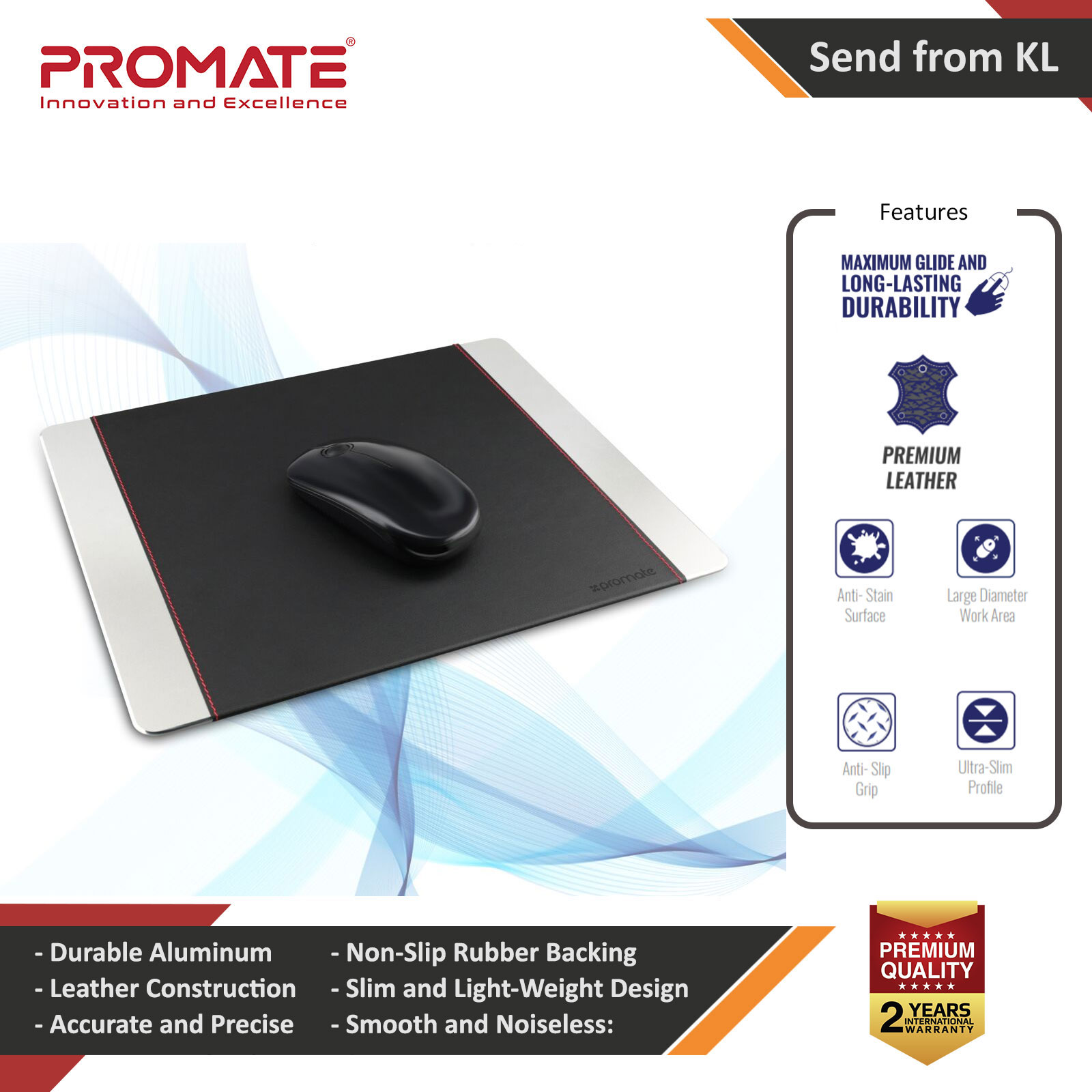 Picture of Promate Mouse Pad Premium Leather-Wrapped Anodized Aluminum Mouse Pad with Non-Slip Rubber Base for Fast Accurate Control and Large Working Area for Laptops PC Desktops MetaPad-Pro-Silver Red Design- Red Design Cases, Red Design Covers, iPad Cases and a wide selection of Red Design Accessories in Malaysia, Sabah, Sarawak and Singapore 