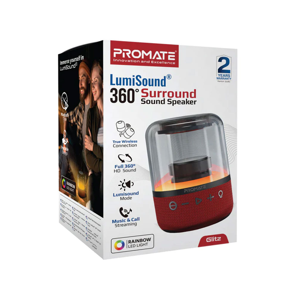 Picture of Promate LED Bluetooth Speaker with TWS  Aux Port Micro SD Card Slot USB Media Port 360 Sound and LED Glitz (Red)