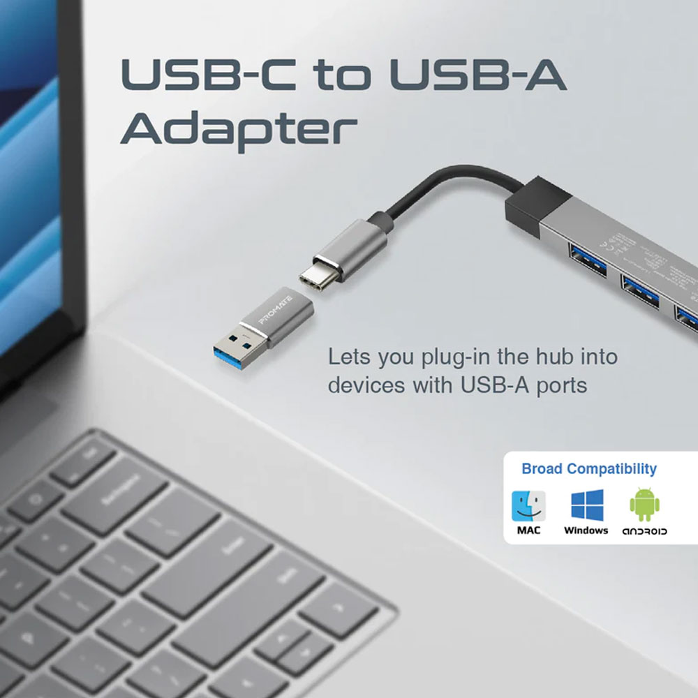 Picture of Promate USB-C Hub 4-in-1 Type-C Sync Charge Adapter with USB-A Adapter 5Gbps USB 3.0 Port 480Mbps USB 2.0 Ports and Compact Aluminum Design LiteHub-4 (Grey)