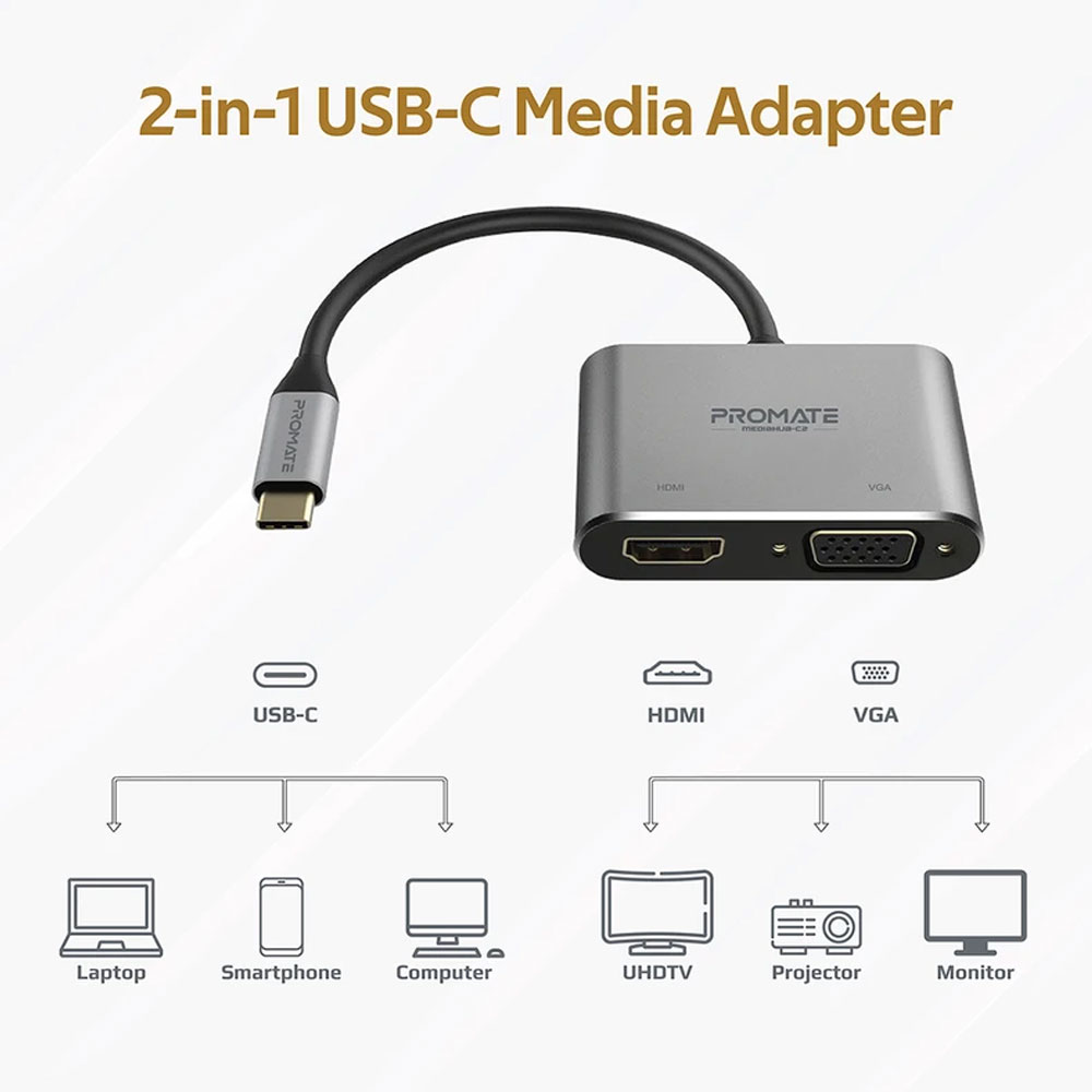 Picture of Promate USB-C to VGA and HDMI Adapter High Definition Aluminium USB-C to VGA HDMI Converter 4K Ultra HD Adapter with 1080 VGA and Dual Screen Display Support for Nintendo Switch MacBook Pro Macbook Air iPad Pro MediaHub-C2