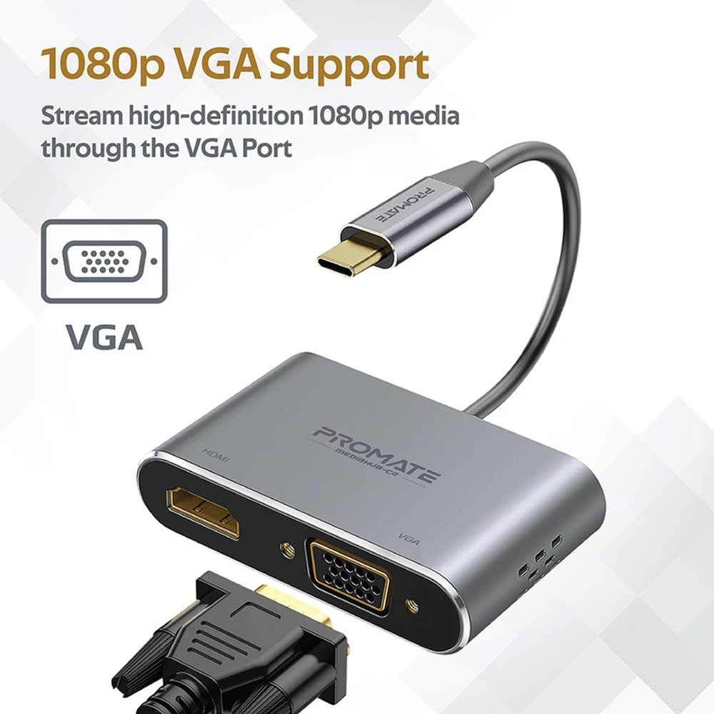 Picture of Promate USB-C to VGA and HDMI Adapter High Definition Aluminium USB-C to VGA HDMI Converter 4K Ultra HD Adapter with 1080 VGA and Dual Screen Display Support for Nintendo Switch MacBook Pro Macbook Air iPad Pro MediaHub-C2