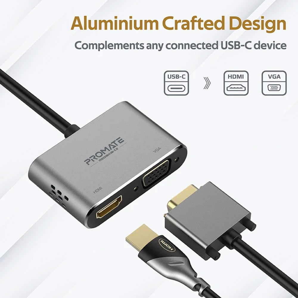 Picture of Promate USB-C to VGA and HDMI Adapter High Definition Aluminium USB-C to VGA HDMI Converter 4K Ultra HD Adapter with 1080 VGA and Dual Screen Display Support for Nintendo Switch MacBook Pro Macbook Air iPad Pro MediaHub-C2