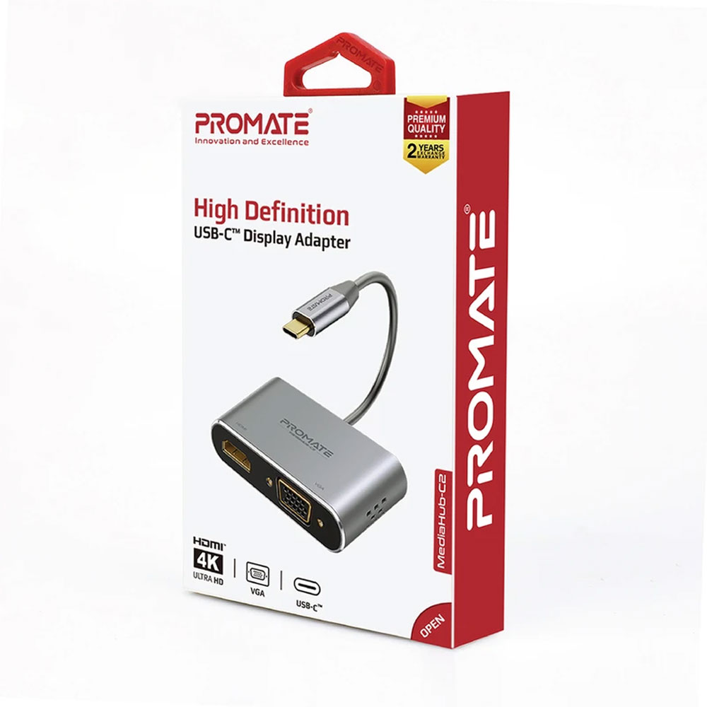 Picture of Promate USB-C to VGA and HDMI Adapter High Definition Aluminium USB-C to VGA HDMI Converter 4K Ultra HD Adapter with 1080 VGA and Dual Screen Display Support for Nintendo Switch MacBook Pro Macbook Air iPad Pro MediaHub-C2