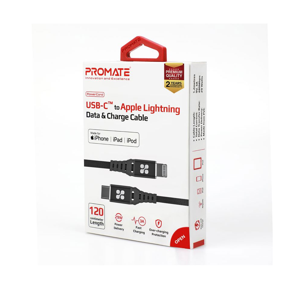 Picture of Promate Ultra Fast USB C to Lightning Suport 27W Power Delivery Fast Charging for iPhone 13 Pro Max iPhone14 Pro Max IPad Airpods Pro Powercord (Black)