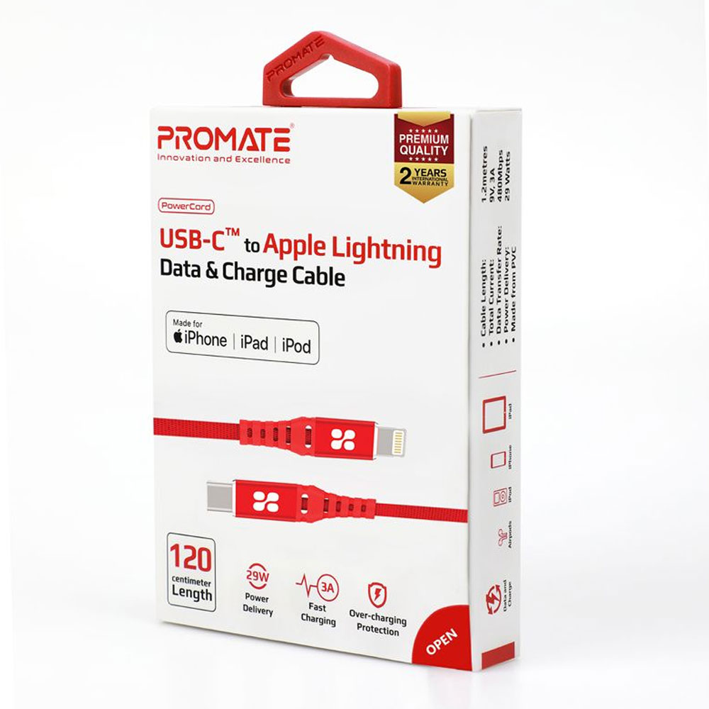 Picture of Promate Ultra Fast USB C to Lightning Suport 27W Power Delivery Fast Charging for iPhone 13 Pro Max iPhone14 Pro Max IPad Airpods Pro Powercord (Red)