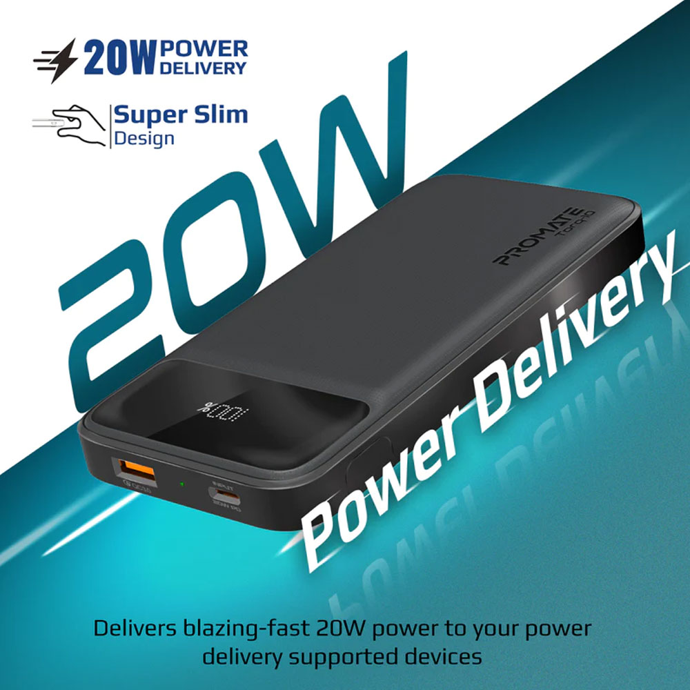 Picture of Promate Super Slim Power Bank 10000mAh with 20W Power Delivery 18W QC3.0 USB C Input Output Torq-10 (Black)