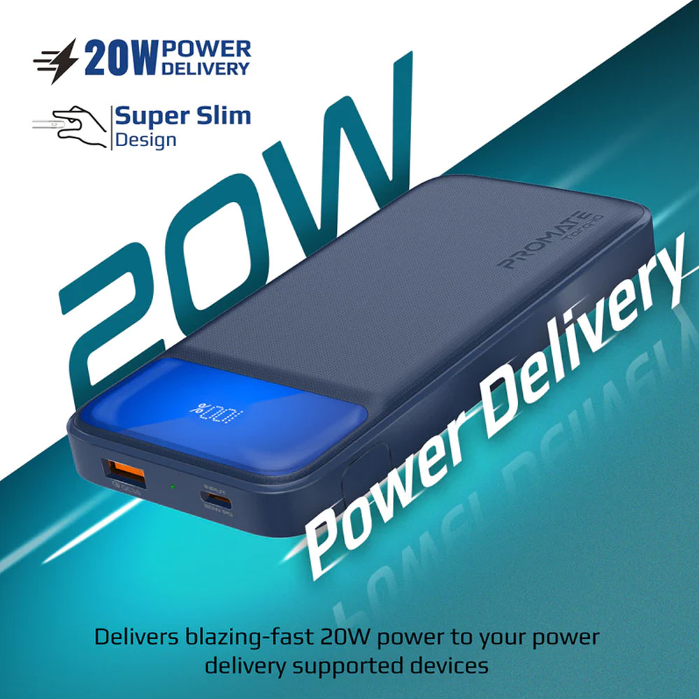 Picture of Promate Super Slim Power Bank 10000mAh with 20W Power Delivery 18W QC3.0 USB C Input Output Torq-10 (Blue)