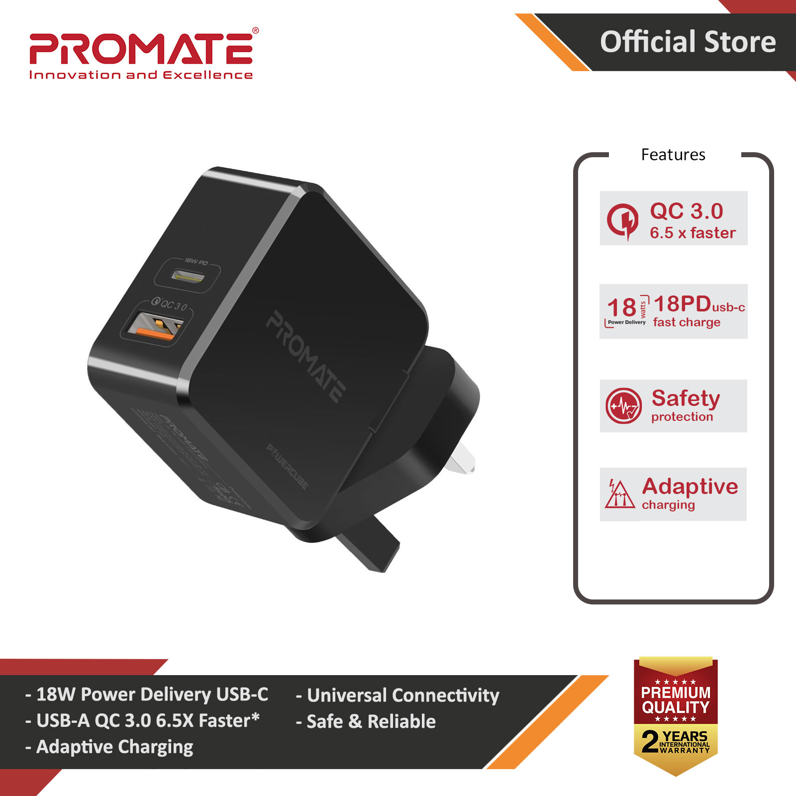 Picture of Promate 36W PD USB-C Wall Charger with Qualcomm Quick Charge QC3.0 Port Fast Charging Power Delivery for iPhone 8 and up Quick Charge for All Androids for iPhone 11 Pro Max (Black) Red Design- Red Design Cases, Red Design Covers, iPad Cases and a wide selection of Red Design Accessories in Malaysia, Sabah, Sarawak and Singapore 