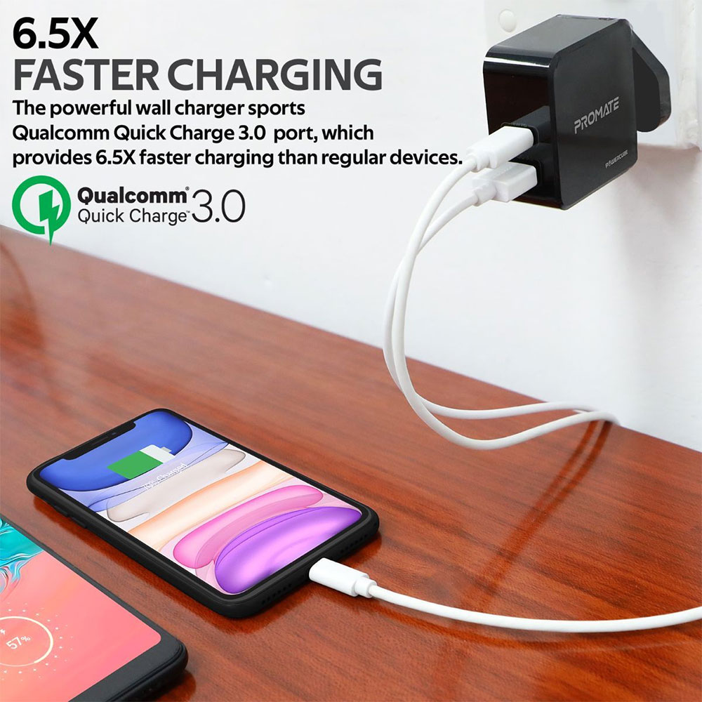 Picture of Promate 36W PD USB-C Wall Charger with Qualcomm Quick Charge QC3.0 Port Fast Charging Power Delivery for iPhone 8 and up Quick Charge for All Androids for iPhone 11 Pro Max (Black)