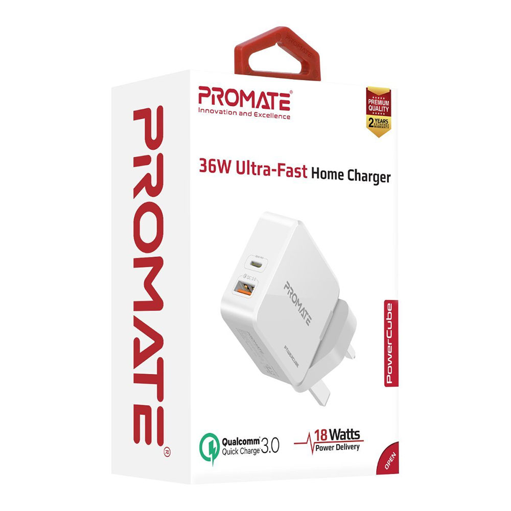 Picture of Promate 36W PD USB-C Wall Charger with Qualcomm Quick Charge QC3.0 Port Fast Charging Power Delivery for iPhone 8 and up Quick Charge for All Androids for iPhone 11 Pro Max (White)