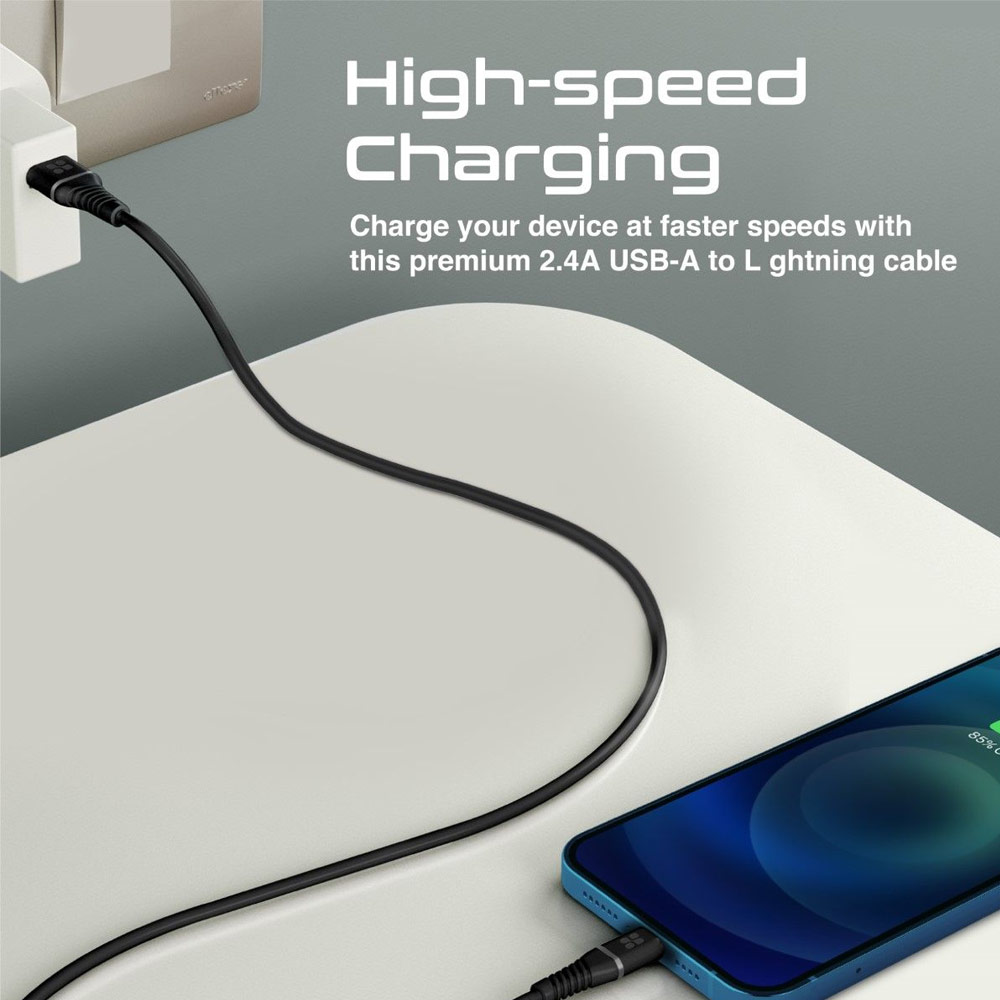 Picture of Promate Ultra Fast USB A to Lightning 2.4A Fast Charging Soft Silicone cable for iPhone 13 Pro Max IPad Airpods Pro PowerLine-Ai120 (Black)