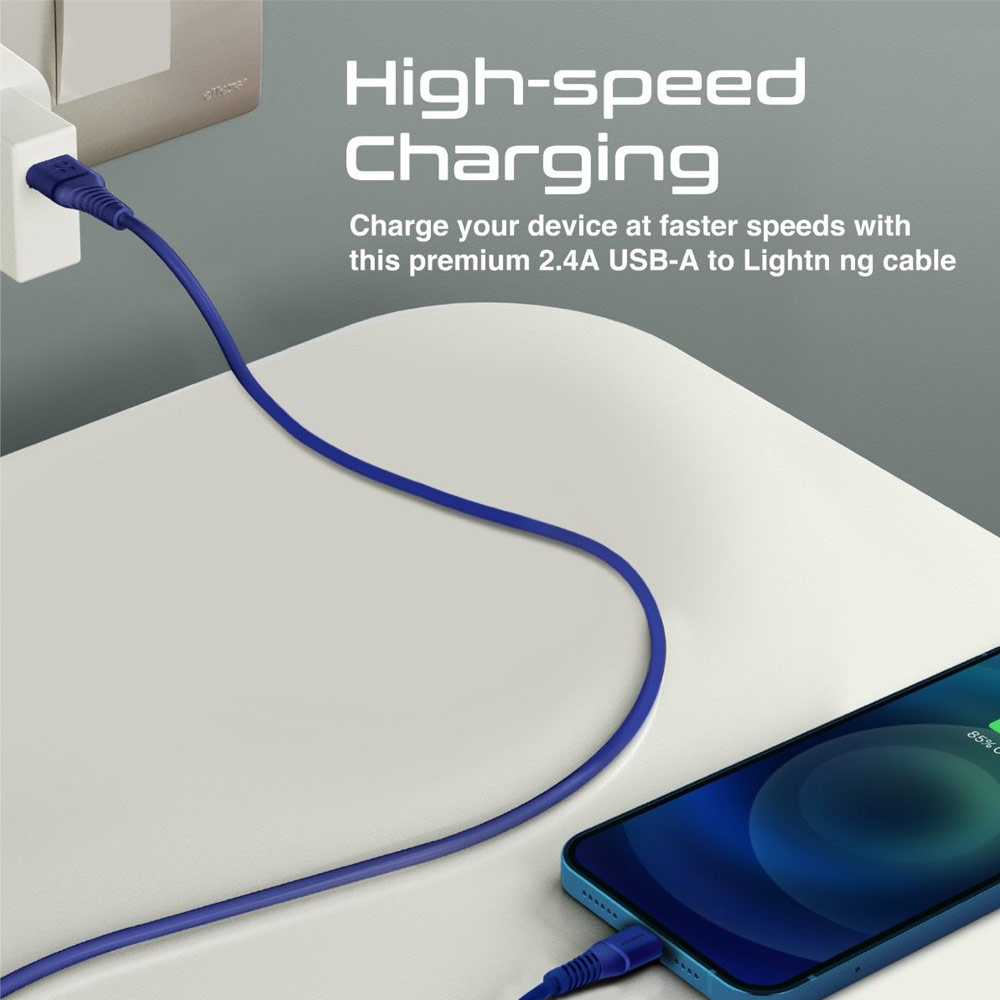 Picture of Promate Ultra Fast USB A to Lightning 2.4A Fast Charging Soft Silicone cable for iPhone 13 Pro Max IPad Airpods Pro PowerLine-Ai120 (Blue)