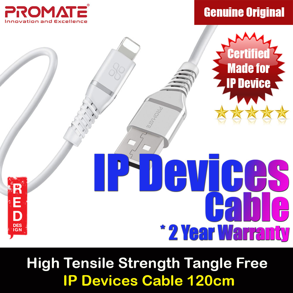 Picture of Promate Ultra Fast USB A to Lightning 2.4A Fast Charging Soft Silicone cable for iPhone 13 Pro Max IPad Airpods Pro PowerLine-Ai120 (White) Red Design- Red Design Cases, Red Design Covers, iPad Cases and a wide selection of Red Design Accessories in Malaysia, Sabah, Sarawak and Singapore 