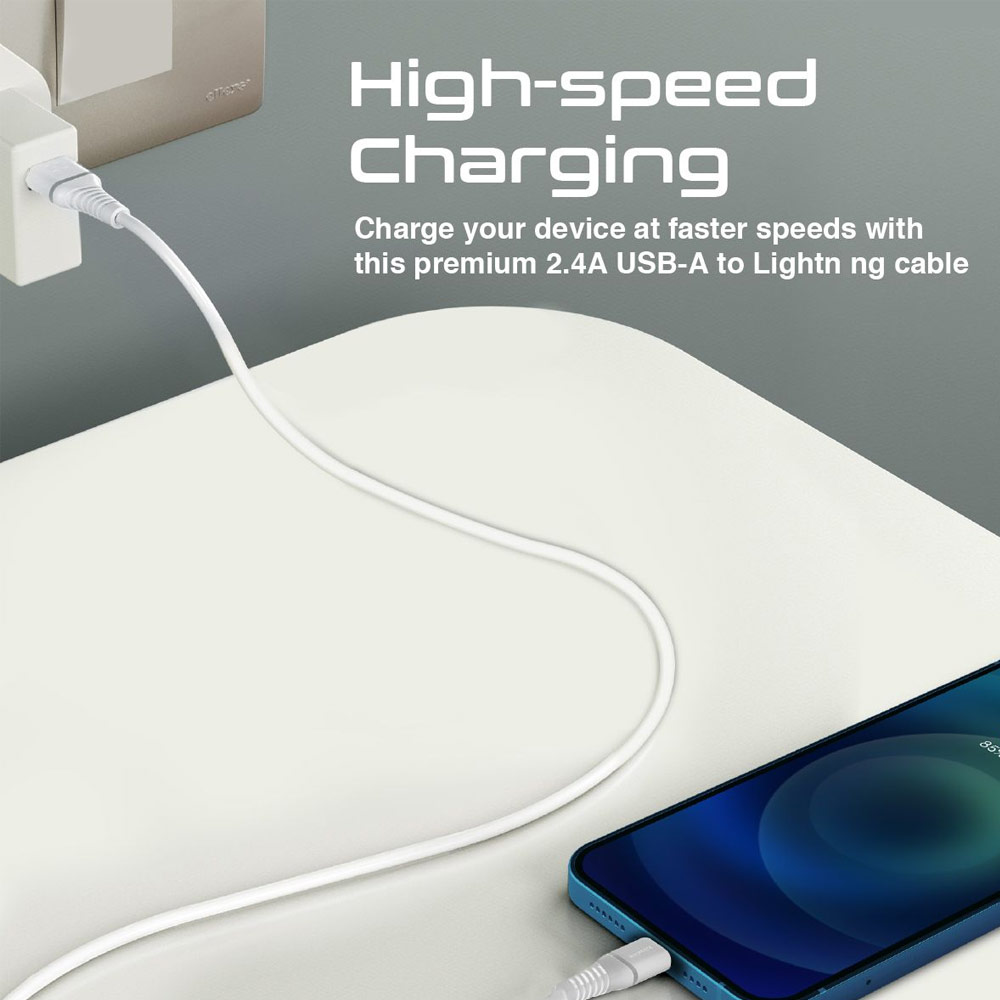 Picture of Promate Ultra Fast USB A to Lightning 2.4A Fast Charging Soft Silicone cable for iPhone 13 Pro Max IPad Airpods Pro PowerLine-Ai120 (White)