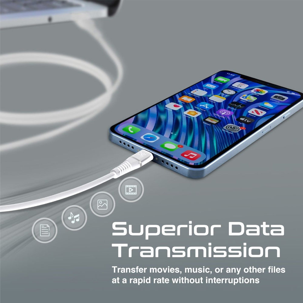 Picture of Promate Ultra Fast USB A to Lightning 2.4A Fast Charging Soft Silicone cable for iPhone 13 Pro Max IPad Airpods Pro PowerLine-Ai120 (White)
