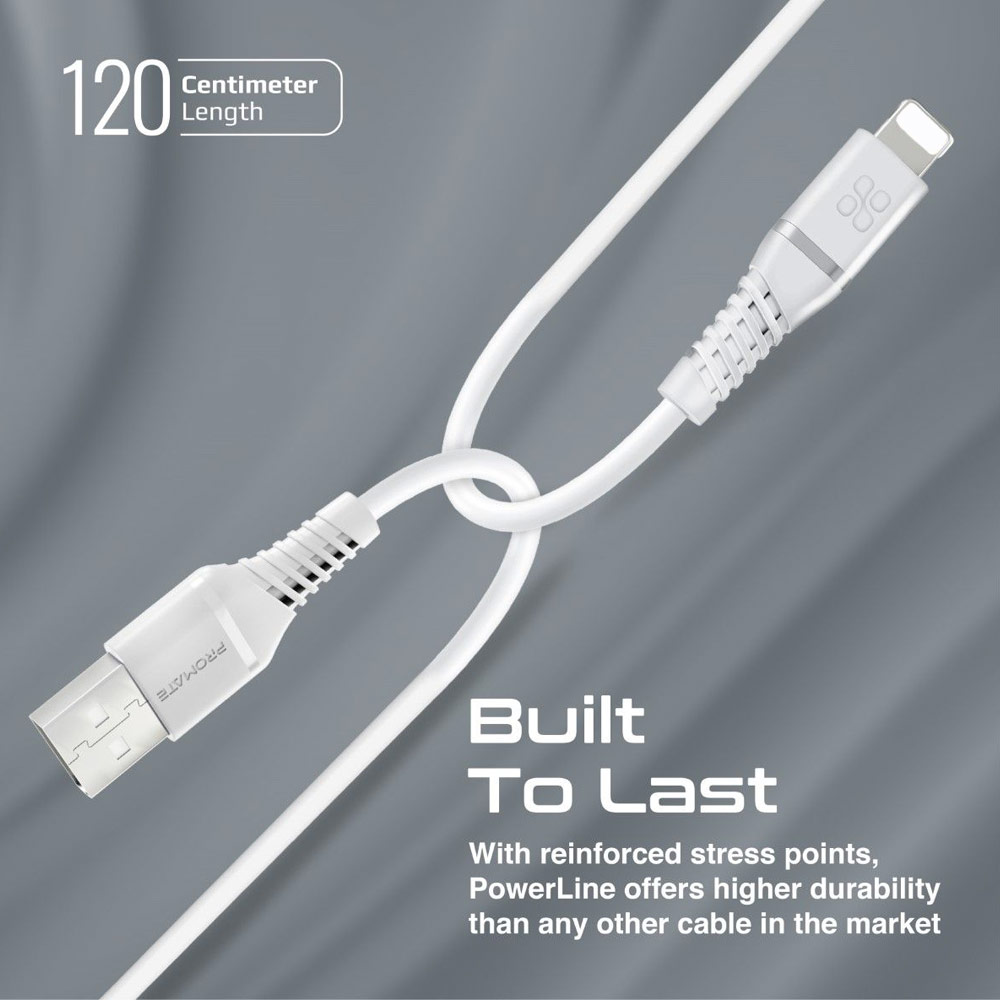 Picture of Promate Ultra Fast USB A to Lightning 2.4A Fast Charging Soft Silicone cable for iPhone 13 Pro Max IPad Airpods Pro PowerLine-Ai120 (White)