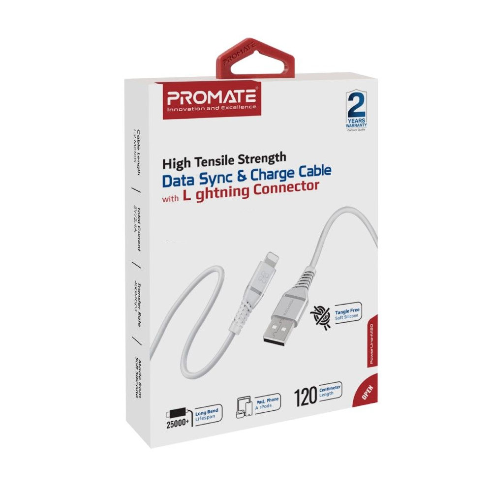 Picture of Promate Ultra Fast USB A to Lightning 2.4A Fast Charging Soft Silicone cable for iPhone 13 Pro Max IPad Airpods Pro PowerLine-Ai120 (White)