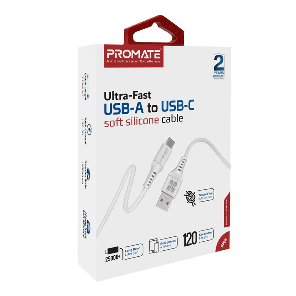 Picture of Promate Ultra Fast USB A to USB C 3A Fast Charging Soft Silicone cable for Smartphones Tablets Galaxy S22 Ultra Vivo Huawei Oppo (White)